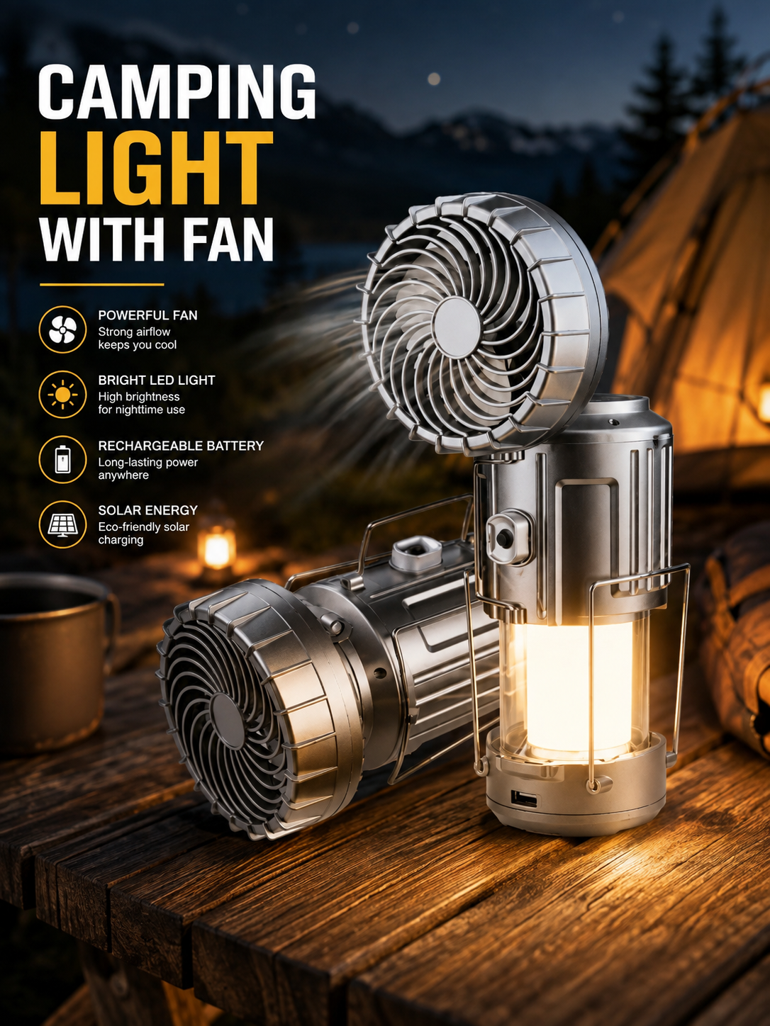 6 in 1 portable outdoor LED camping lantern with fan